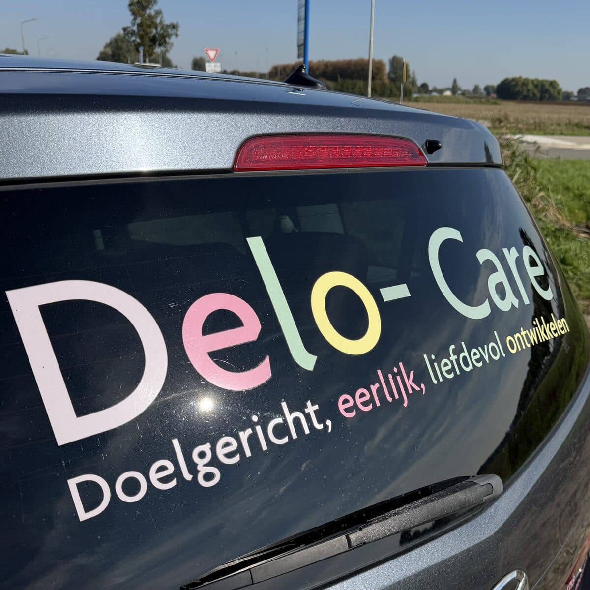De achterruit van onze auto met het Delo-Care-logo