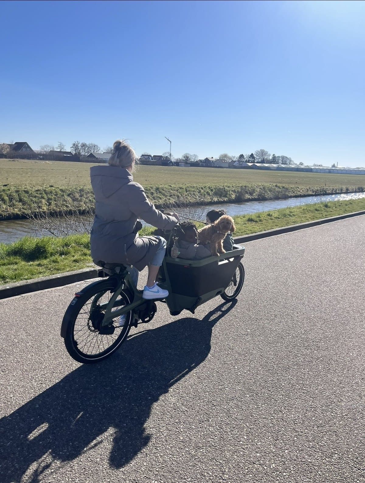 De bakfiets op een dijk in de polder, met Teddy in de bak